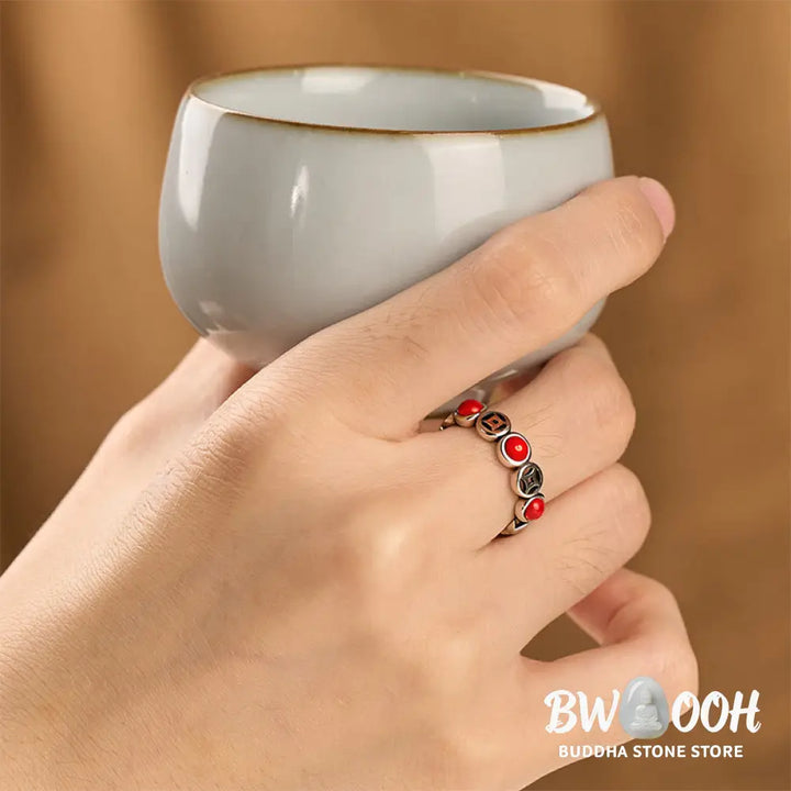 Buddha Stones Jade South Red Agate Copper Coin Prosperity Luck Open Ring - Ring