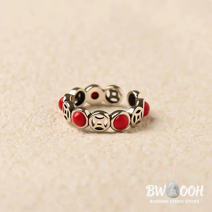 Buddha Stones Jade South Red Agate Copper Coin Prosperity Luck Open Ring - Ring