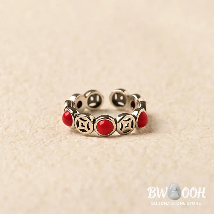 Buddha Stones Jade South Red Agate Copper Coin Prosperity Luck Open Ring - Ring