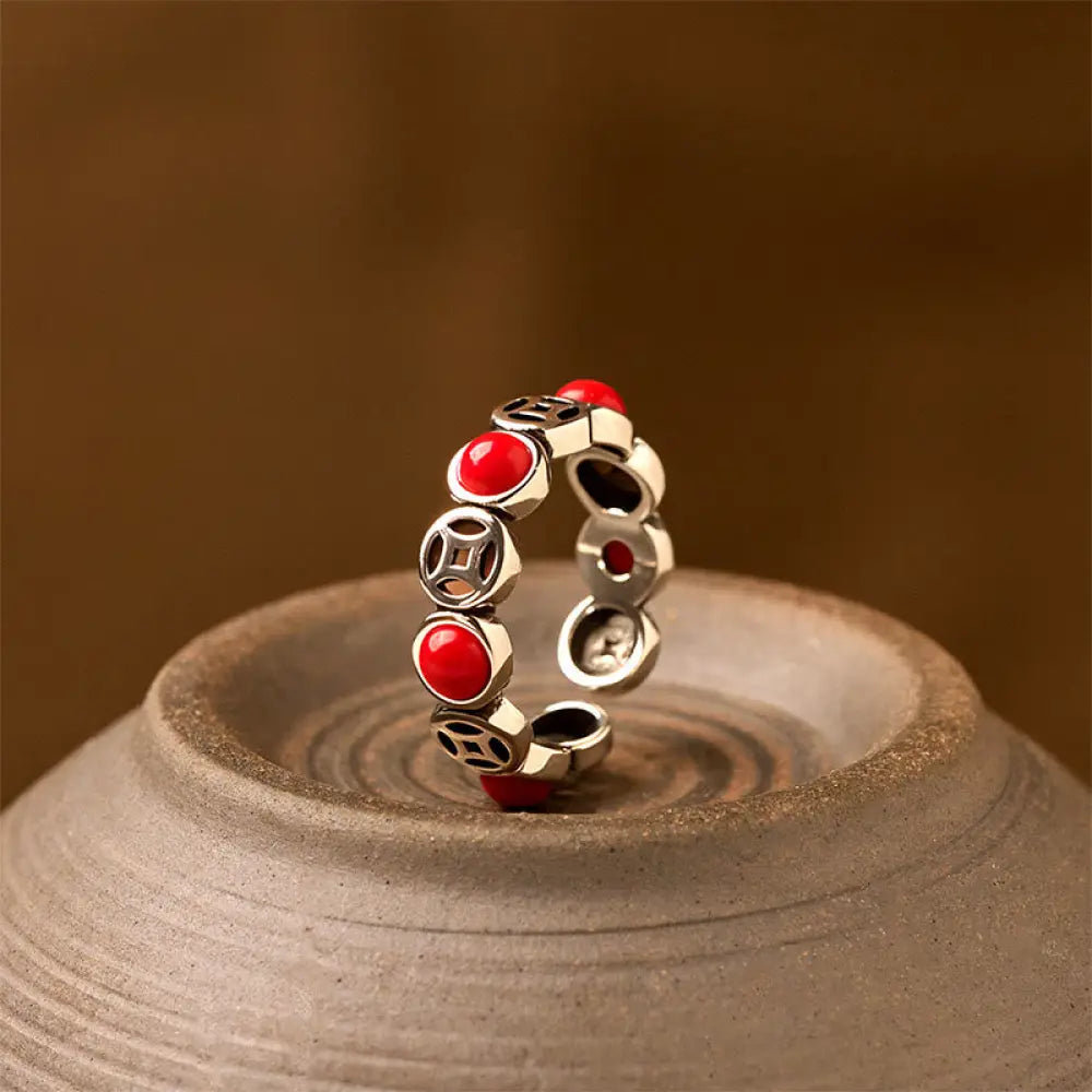 Buddha Stones Jade South Red Agate Copper Coin Prosperity Luck Open Ring - South Red Agate - Ring