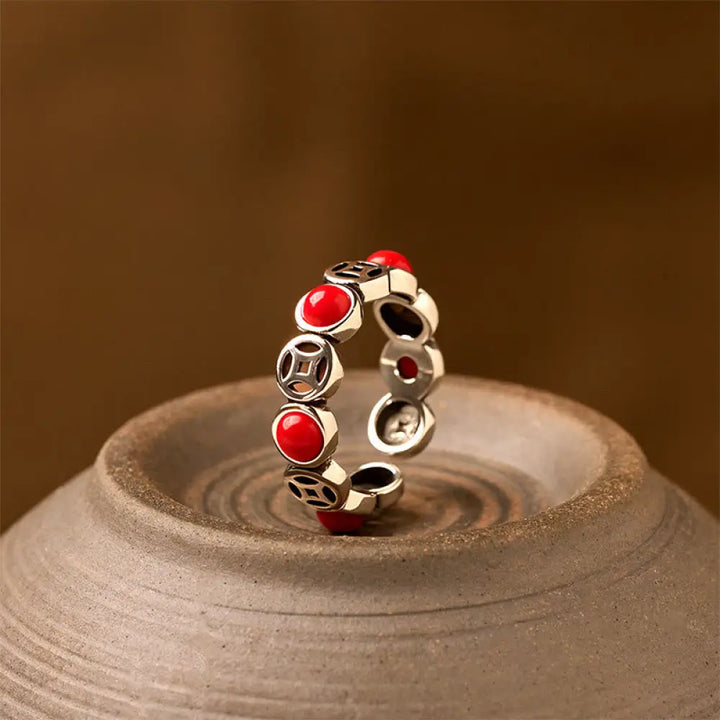Buddha Stones Jade South Red Agate Copper Coin Prosperity Luck Open Ring - South Red Agate - Ring