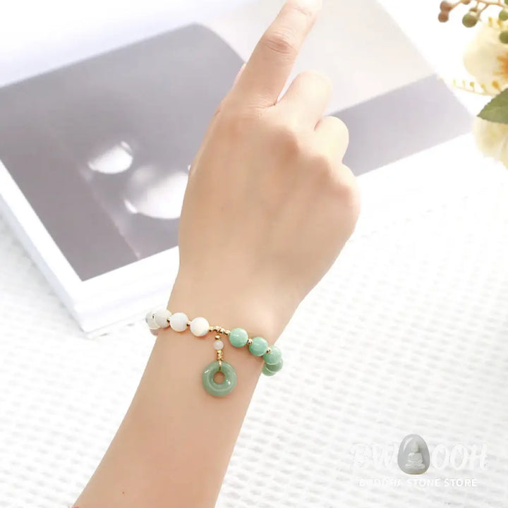Buddha Stones Jade Trochus Horseshoe Snail Peace Buckle Charm Abundance Bracelet - BWOOOH - Jade(Wrist Circumference: