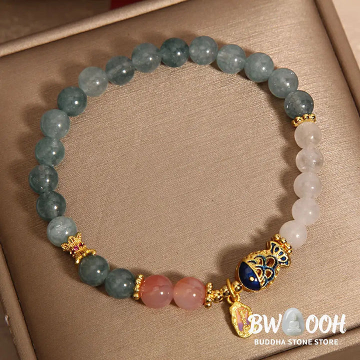 Buddha Stones Jade Yanyuan Agate White Jade Koi Fish Scripture Charm Luck Bracelet - BWOOOH - Jade&amp;Koi Fish(Wrist