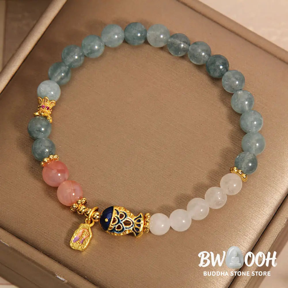 Buddha Stones Jade Yanyuan Agate White Jade Koi Fish Scripture Charm Luck Bracelet - BWOOOH - Jade&amp;Koi Fish(Wrist