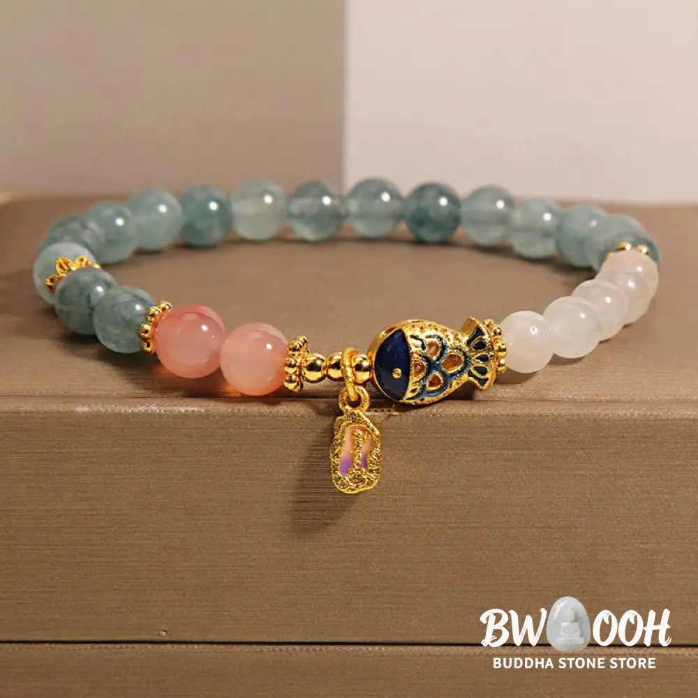 Buddha Stones Jade Yanyuan Agate White Jade Koi Fish Scripture Charm Luck Bracelet - BWOOOH - Jade&amp;Koi Fish(Wrist