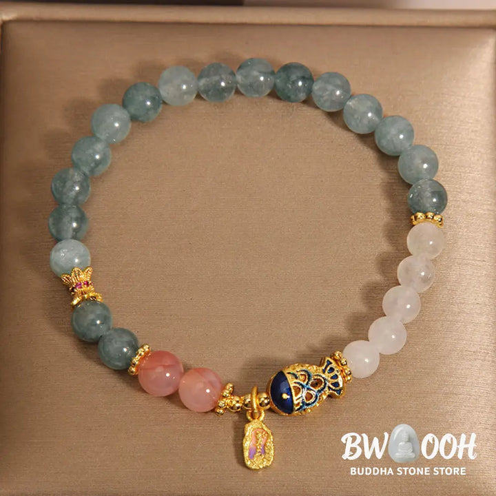 Buddha Stones Jade Yanyuan Agate White Jade Koi Fish Scripture Charm Luck Bracelet - BWOOOH - Jade&amp;Koi Fish(Wrist