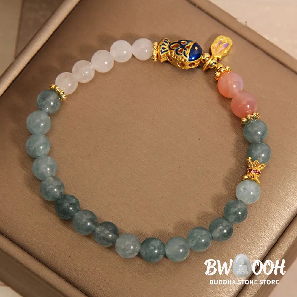 Buddha Stones Jade Yanyuan Agate White Jade Koi Fish Scripture Charm Luck Bracelet - BWOOOH - Jade&amp;Koi Fish(Wrist