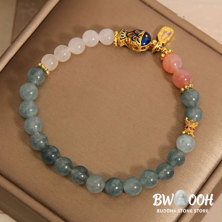 Buddha Stones Jade Yanyuan Agate White Jade Koi Fish Scripture Charm Luck Bracelet - BWOOOH - Jade&amp;Koi Fish(Wrist