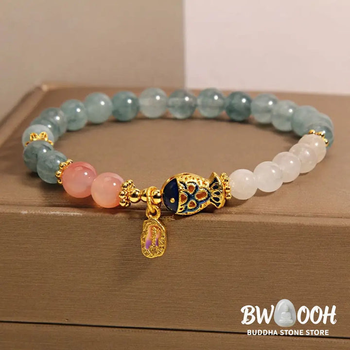 Buddha Stones Jade Yanyuan Agate White Jade Koi Fish Scripture Charm Luck Bracelet - BWOOOH - Jade&amp;Koi Fish(Wrist