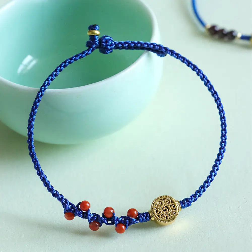 BWOOOH Klein Blue String South Red Agate Garnet Copper Flower Power Bracelet - BWOOOH - South Red Agate Copper