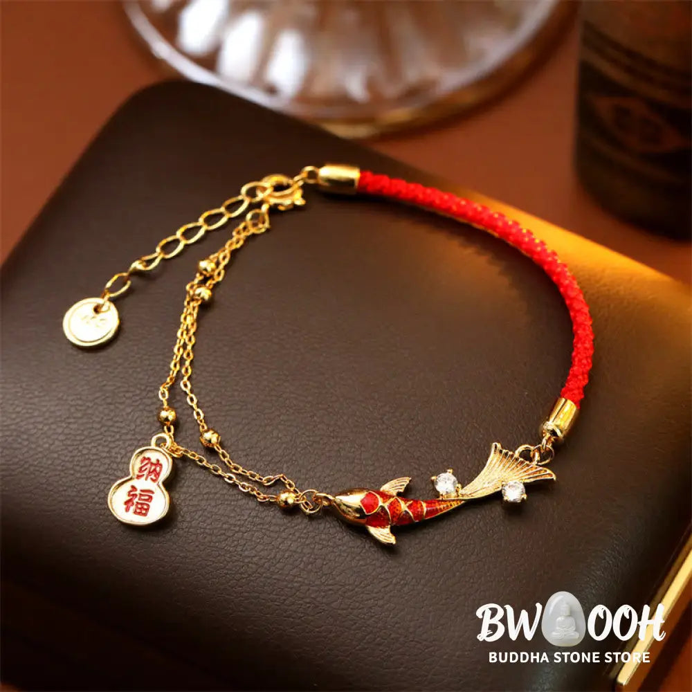 Buddha Stones Koi Fish Attract Wealth Gourd Charm Design Red String Luck Bracelet - Koi Fish(Wrist Circumference: