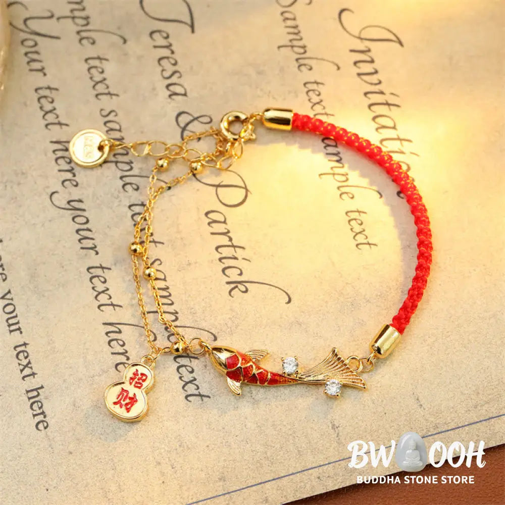 Buddha Stones Koi Fish Attract Wealth Gourd Charm Design Red String Luck Bracelet - Koi Fish(Wrist Circumference: