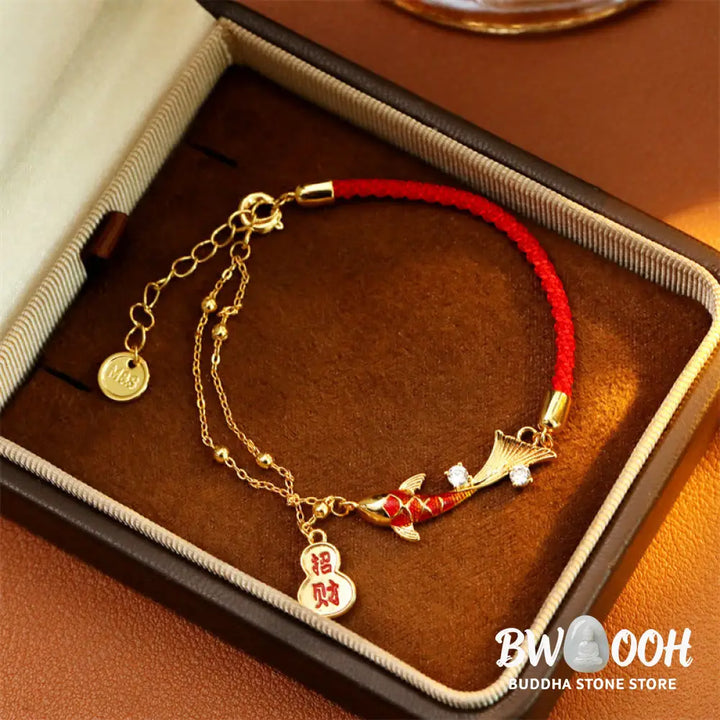 Buddha Stones Koi Fish Attract Wealth Gourd Charm Design Red String Luck Bracelet - Koi Fish(Wrist Circumference: