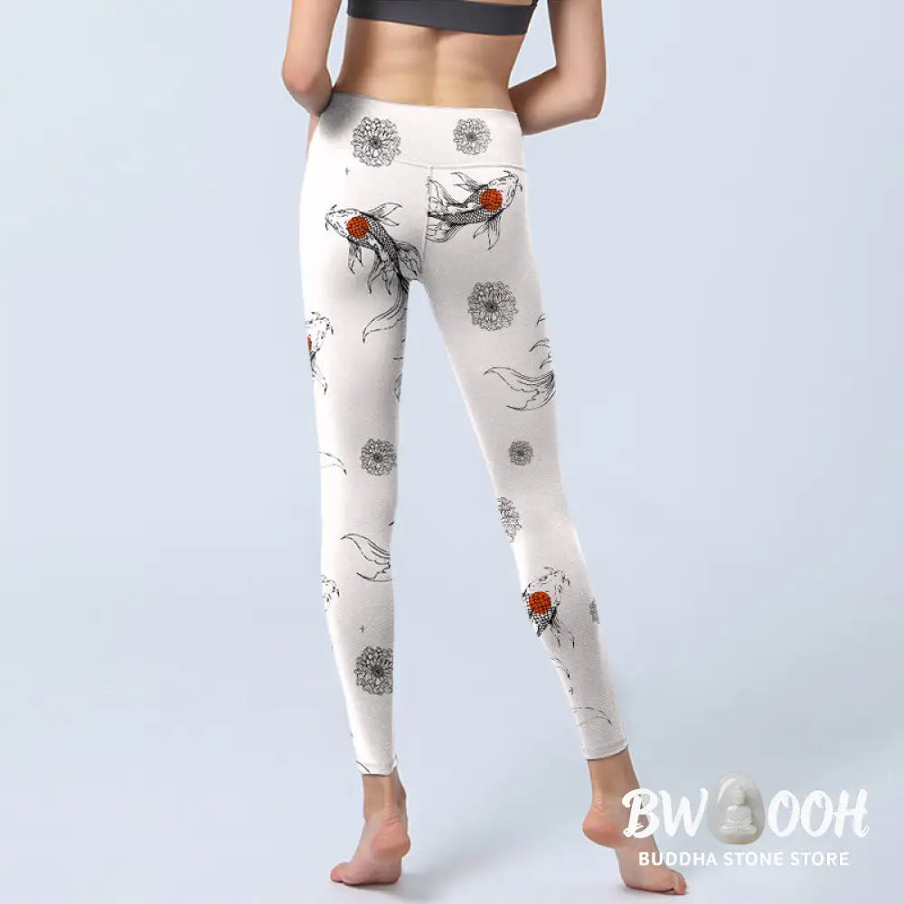 BWOOOH koi fish print yoga leggings - Koi Fish Chrysanthemum Pattern Print Gym