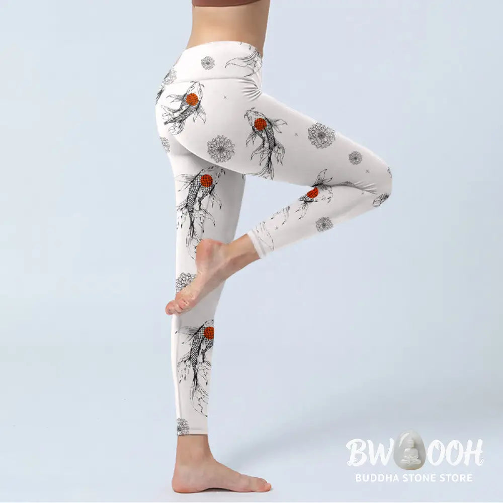 BWOOOH koi fish print yoga leggings - Koi Fish Chrysanthemum Pattern Print Gym