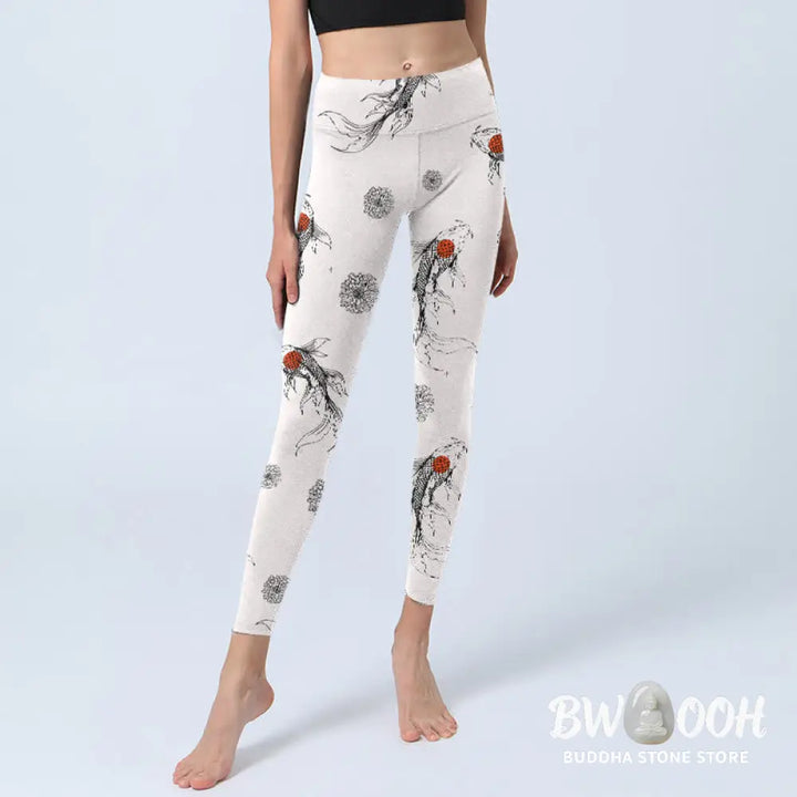 BWOOOH koi fish print yoga leggings - Koi Fish Chrysanthemum Pattern Print Gym