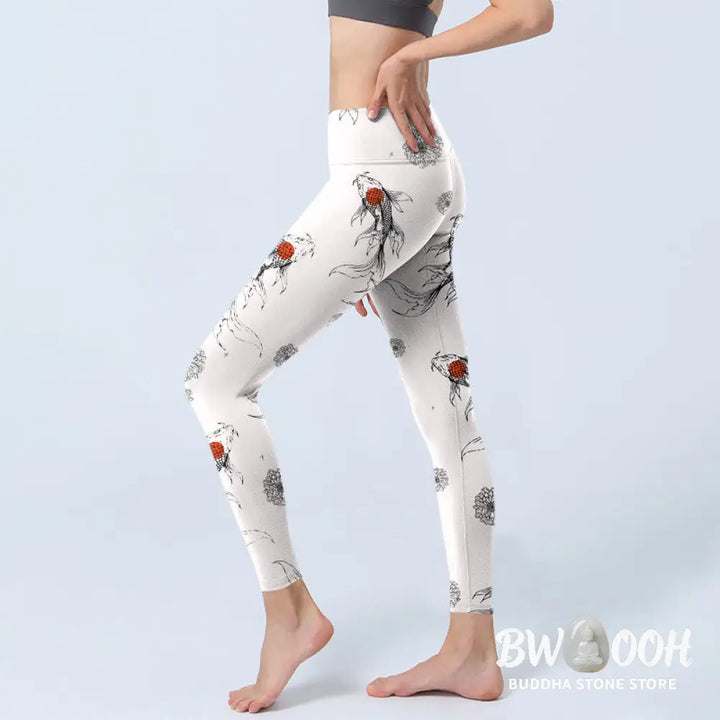 BWOOOH koi fish print yoga leggings - Koi Fish Chrysanthemum Pattern Print Gym