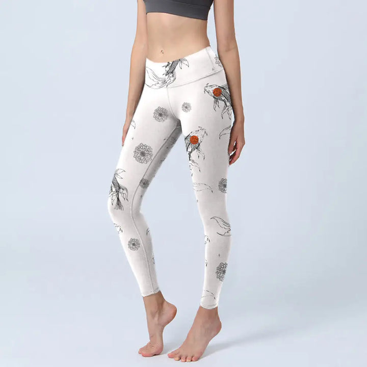 BWOOOH koi fish print yoga leggings - Koi Fish Chrysanthemum Pattern Print Gym