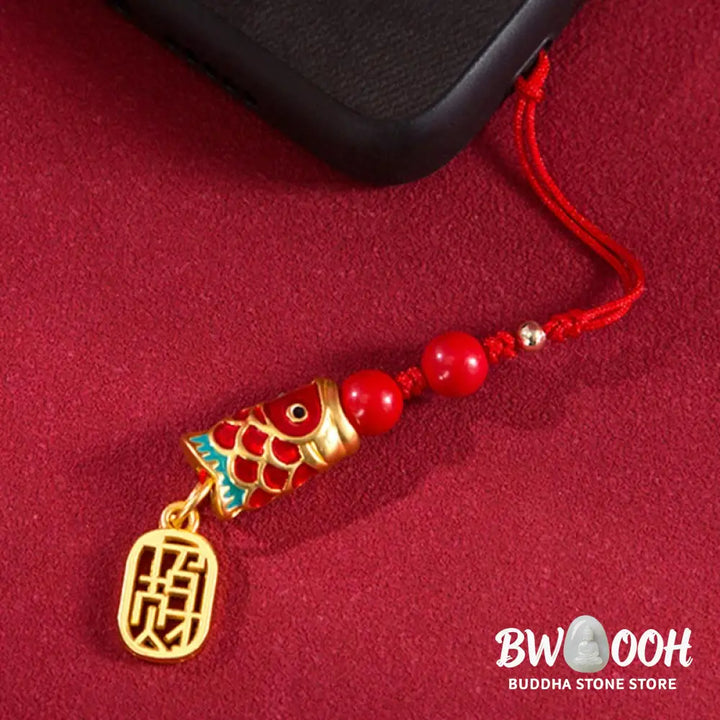 Buddha Stones Koi Fish Cinnabar Attracting Wealth Wish Ruyi Charm Luck Phone Hanging Decoration - Phone Hanging