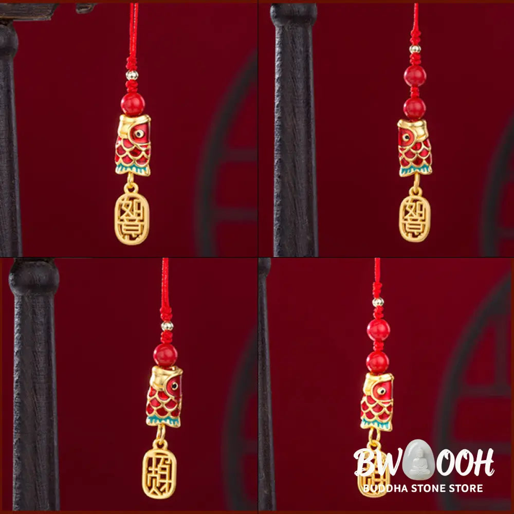 Buddha Stones Koi Fish Cinnabar Attracting Wealth Wish Ruyi Charm Luck Phone Hanging Decoration - Phone Hanging