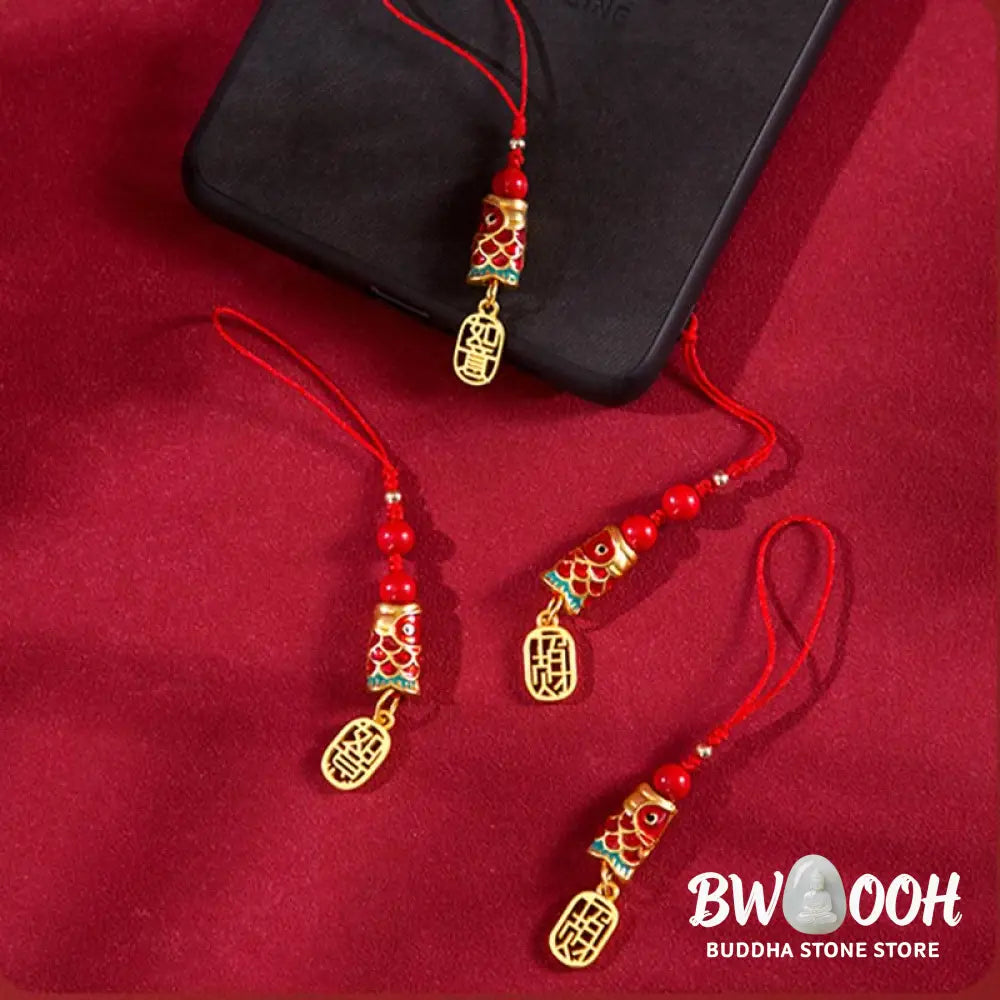 Buddha Stones Koi Fish Cinnabar Attracting Wealth Wish Ruyi Charm Luck Phone Hanging Decoration - Phone Hanging