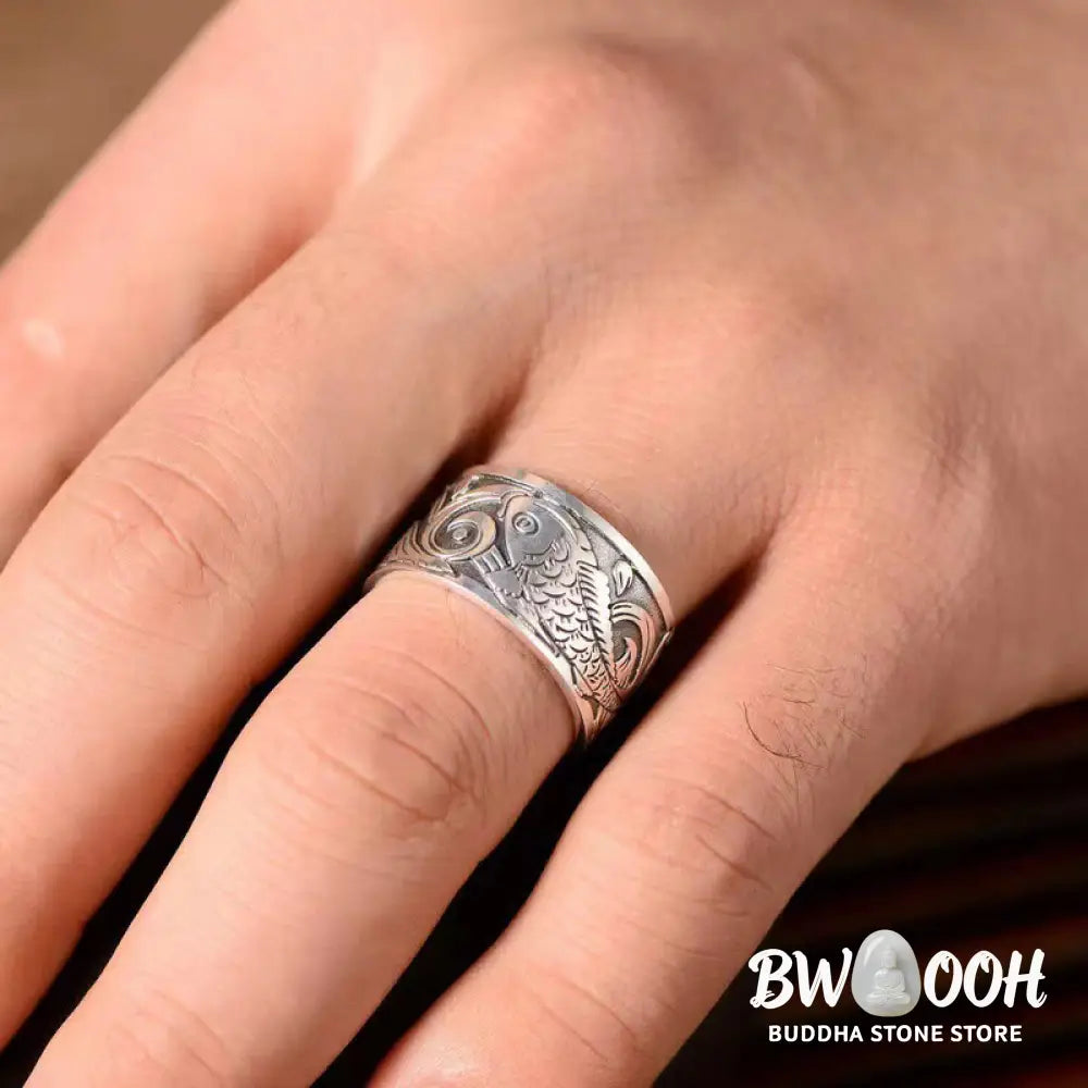 Buddha Stones Koi Fish Heart Sutra Carved Design Luck Wealth Ring - Koi Fish(Luck♥Prosperity)(Adjustable) - Ring