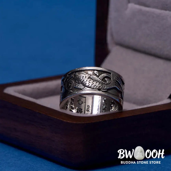 Buddha Stones Koi Fish Heart Sutra Carved Design Luck Wealth Ring - Koi Fish(Luck♥Prosperity)(Adjustable) - Ring