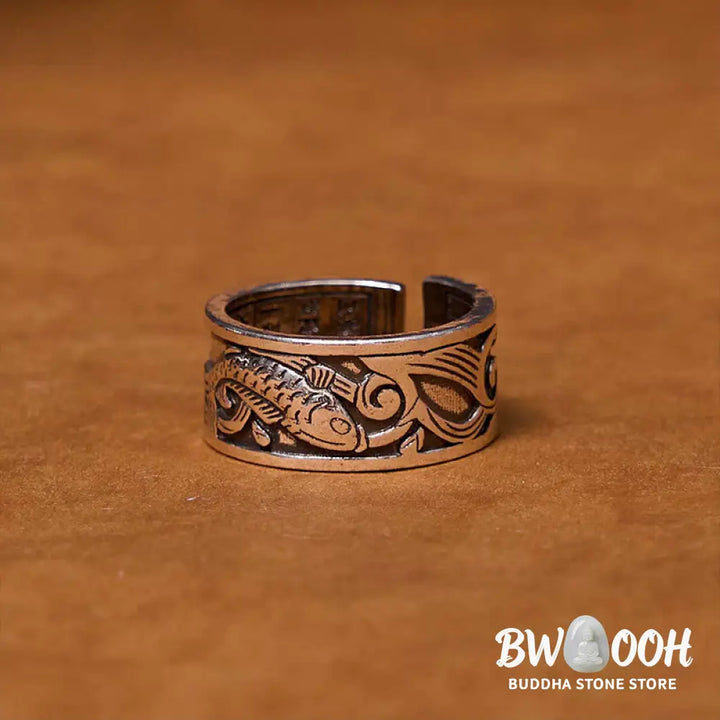 Buddha Stones Koi Fish Heart Sutra Carved Design Luck Wealth Ring - Koi Fish(Luck♥Prosperity)(Adjustable) - Ring