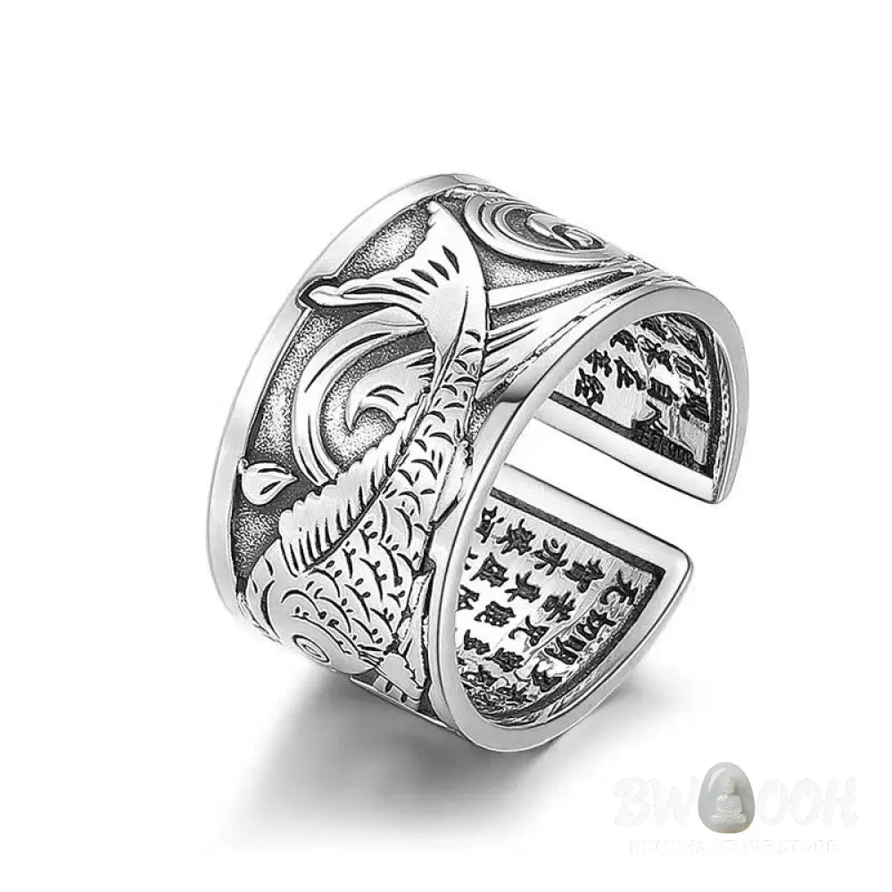 Buddha Stones Koi Fish Heart Sutra Carved Design Luck Wealth Ring - Koi Fish(Luck♥Prosperity)(Adjustable) - Ring