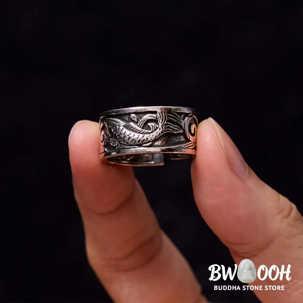 Buddha Stones Koi Fish Heart Sutra Carved Design Luck Wealth Ring - Koi Fish(Luck♥Prosperity)(Adjustable) - Ring
