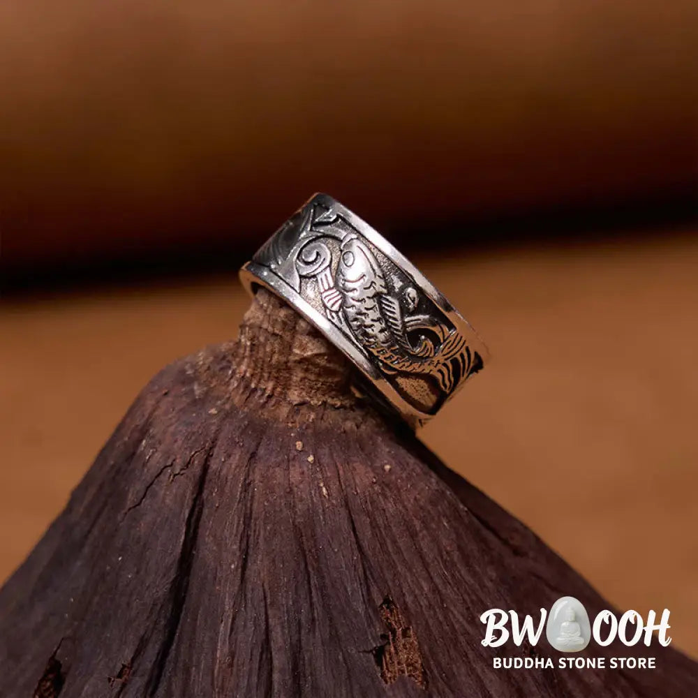 Buddha Stones Koi Fish Heart Sutra Carved Design Luck Wealth Ring - Koi Fish(Luck♥Prosperity)(Adjustable) - Ring