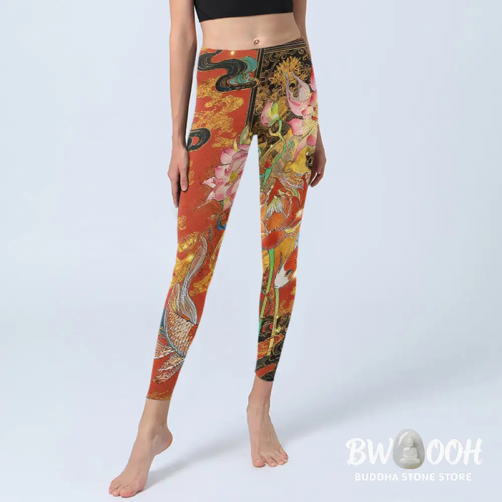 BWOOOH lotus print yoga leggings - Koi Fish Lotus Cloud Pattern Print Gym L