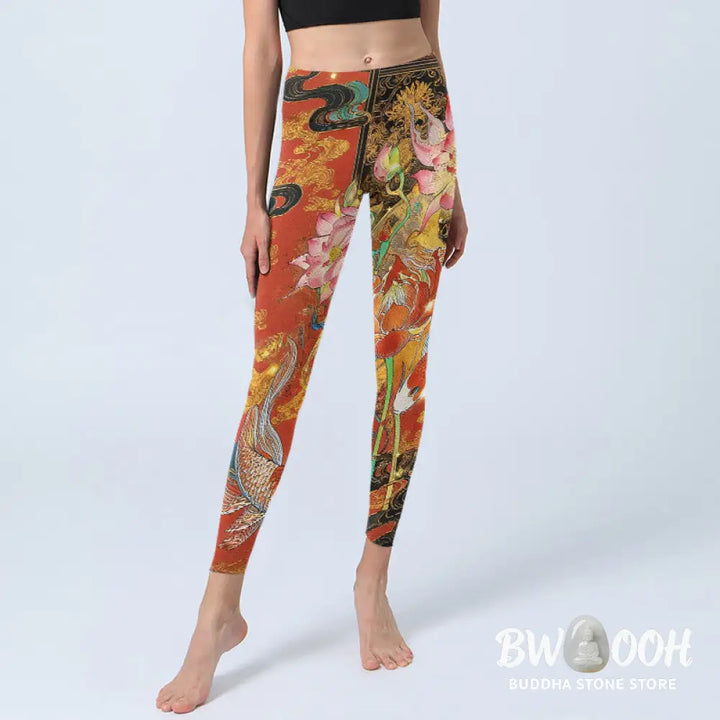 BWOOOH lotus print yoga leggings - Koi Fish Lotus Cloud Pattern Print Gym L