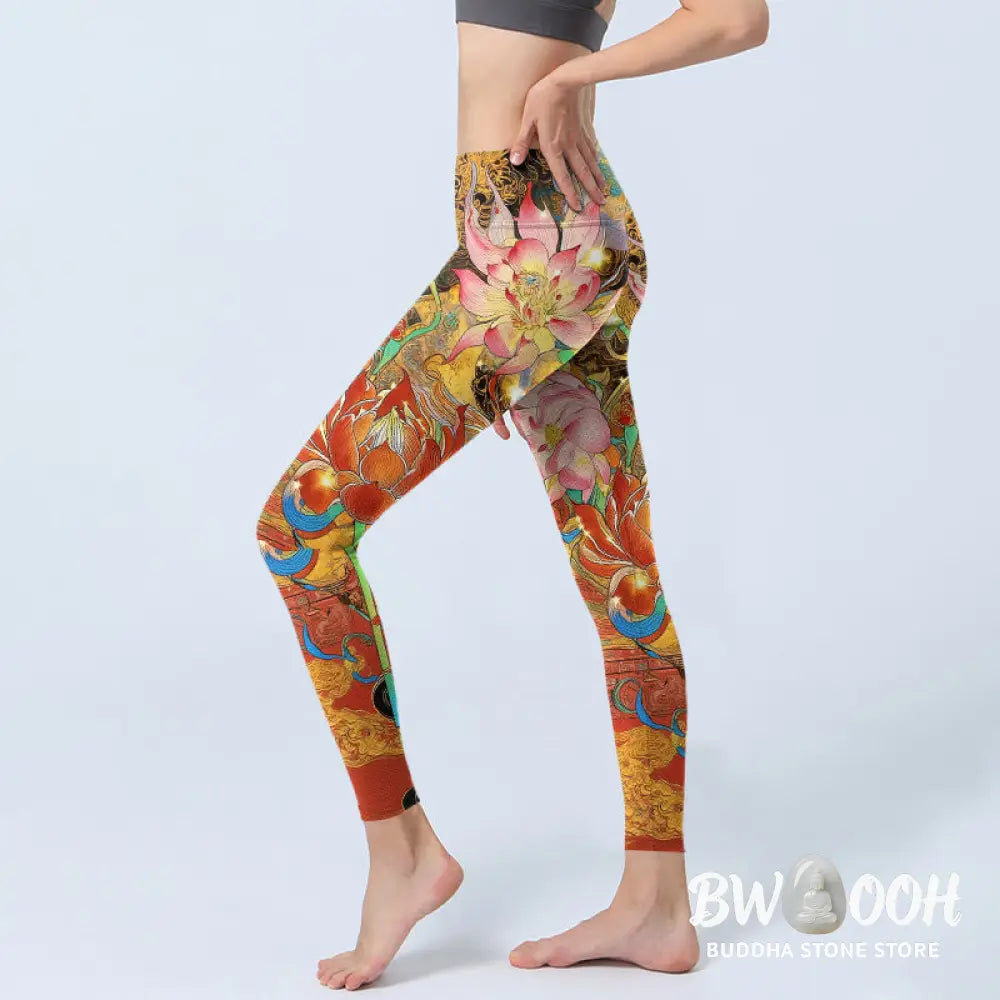 BWOOOH lotus print yoga leggings - Koi Fish Lotus Cloud Pattern Print Gym L