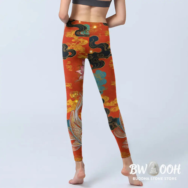 BWOOOH lotus print yoga leggings - Koi Fish Lotus Cloud Pattern Print Gym L