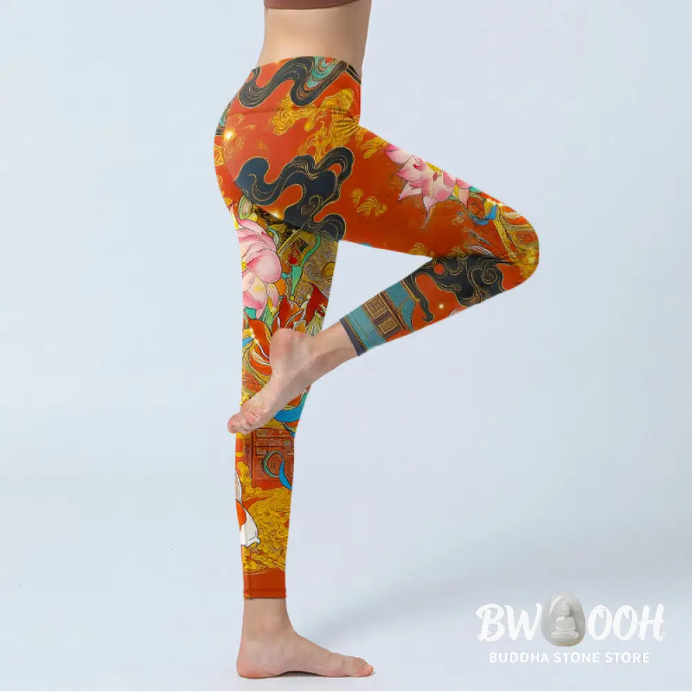 BWOOOH lotus print yoga leggings - Koi Fish Lotus Cloud Pattern Print Gym L