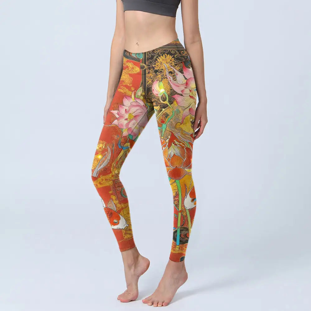 BWOOOH lotus print yoga leggings - Koi Fish Lotus Cloud Pattern Print Gym L