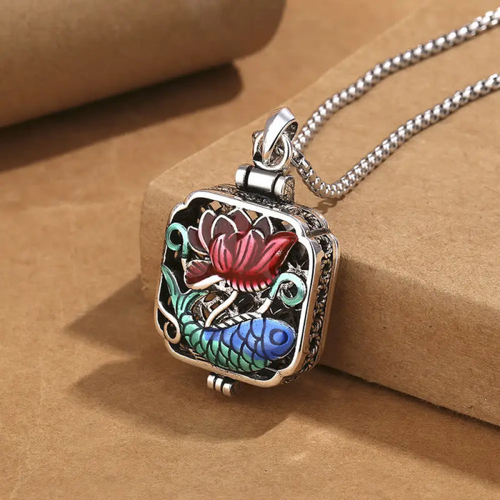 BWOOOH copper koi fish lotus coins Ghau prayer box luck feng shui Buddhist amulet necklace pendant