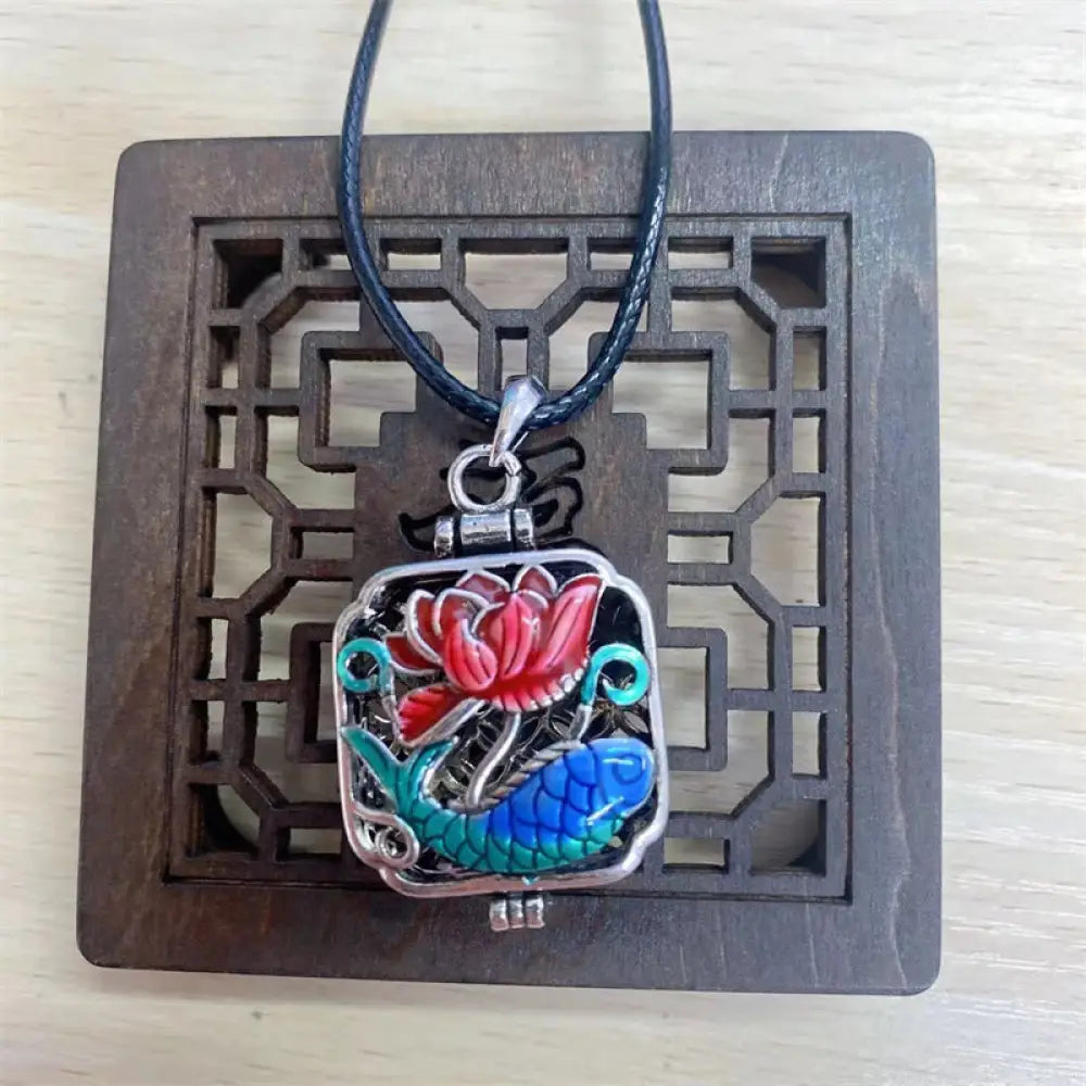 Buddha Stones Koi Fish Lotus Copper Coins Luck Ghau Prayer Box Necklace Pendant - BWOOOH - Lotus Koi Fish&amp;Leather Cord