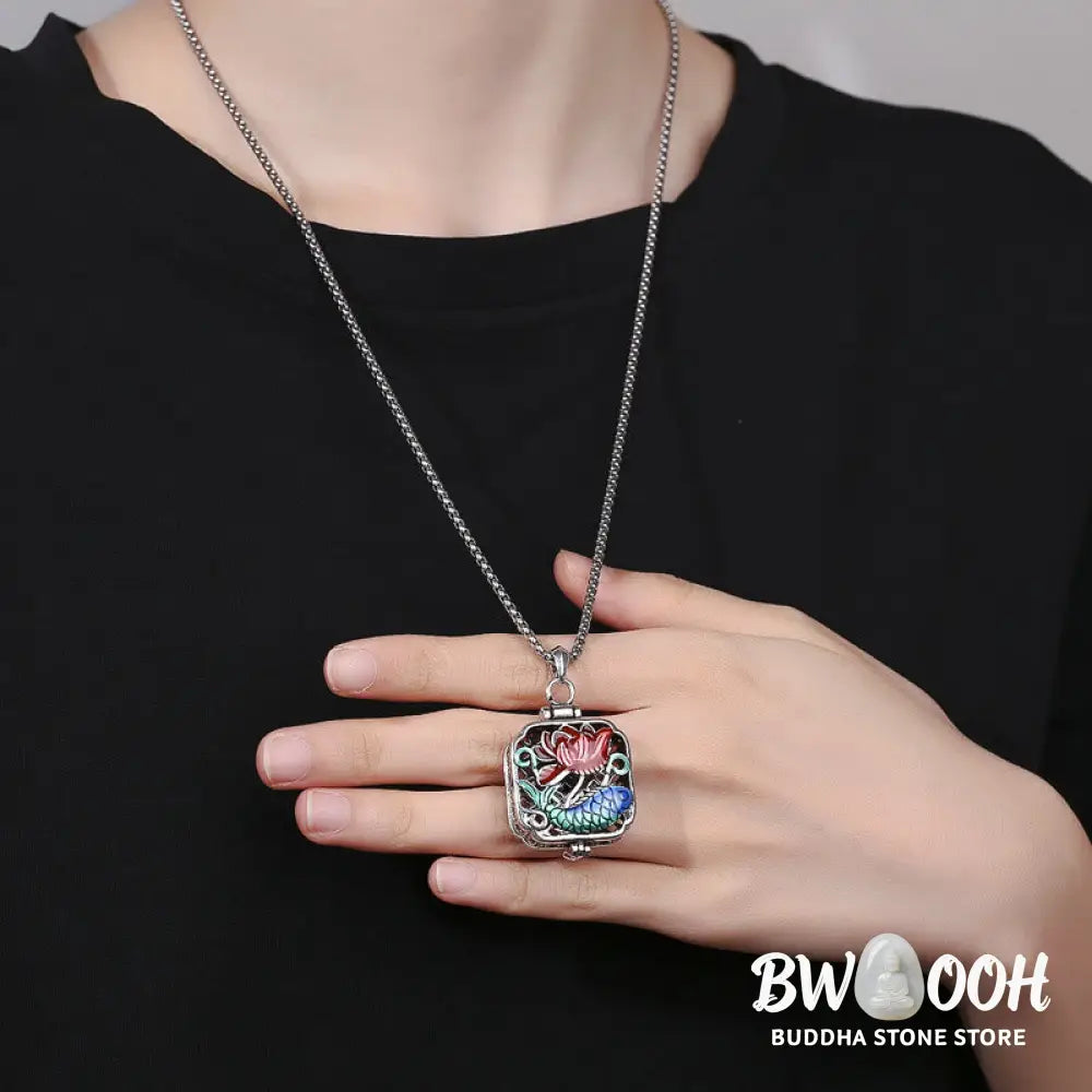 Buddha Stones Koi Fish Lotus Copper Coins Luck Ghau Prayer Box Necklace Pendant - BWOOOH - Necklaces &amp; Pendants