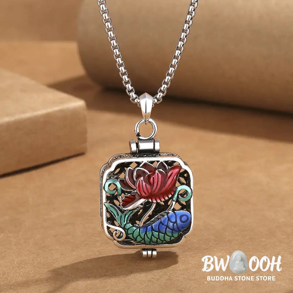Buddha Stones Koi Fish Lotus Copper Coins Luck Ghau Prayer Box Necklace Pendant - BWOOOH - Necklaces & Pendants