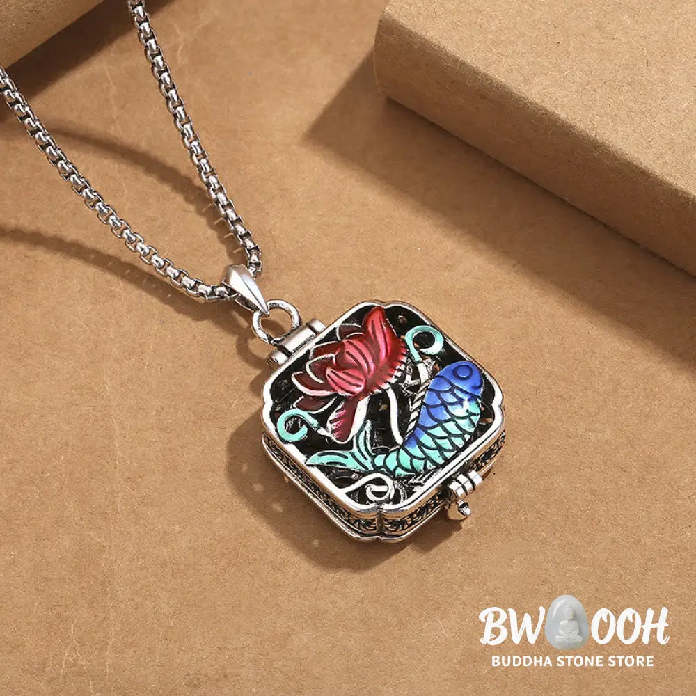 Buddha Stones Koi Fish Lotus Copper Coins Luck Ghau Prayer Box Necklace Pendant - BWOOOH - Necklaces &amp; Pendants