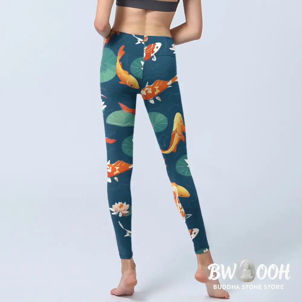 BWOOOH lotus print yoga leggings - Koi Fish Lotus Flower Lotus Leaves Patte