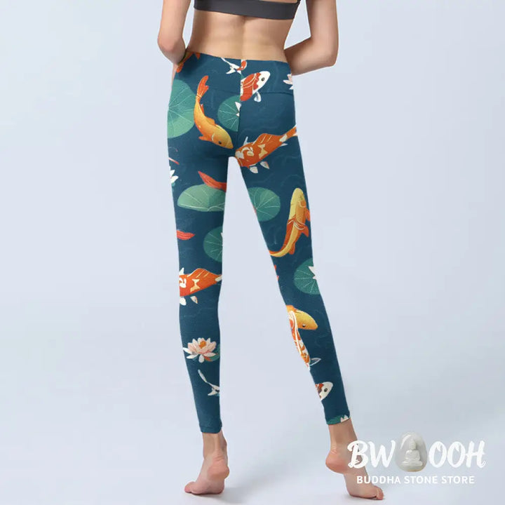 BWOOOH lotus print yoga leggings - Koi Fish Lotus Flower Lotus Leaves Patte