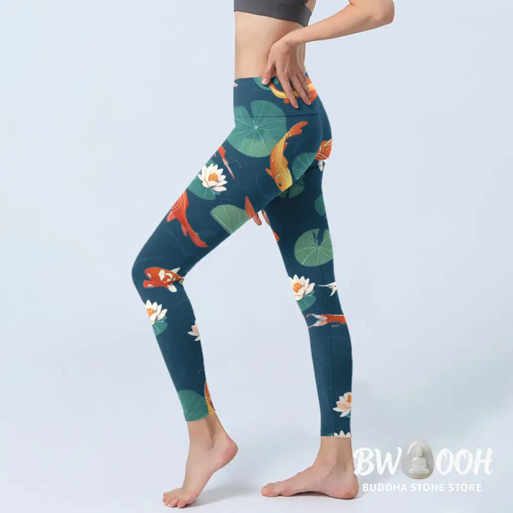 BWOOOH lotus print yoga leggings - Koi Fish Lotus Flower Lotus Leaves Patte