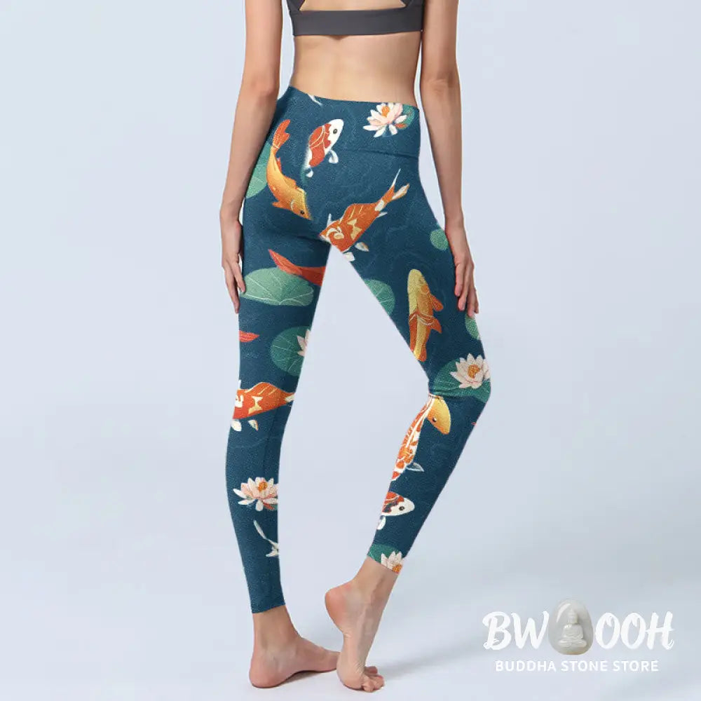 BWOOOH lotus print yoga leggings - Koi Fish Lotus Flower Lotus Leaves Patte