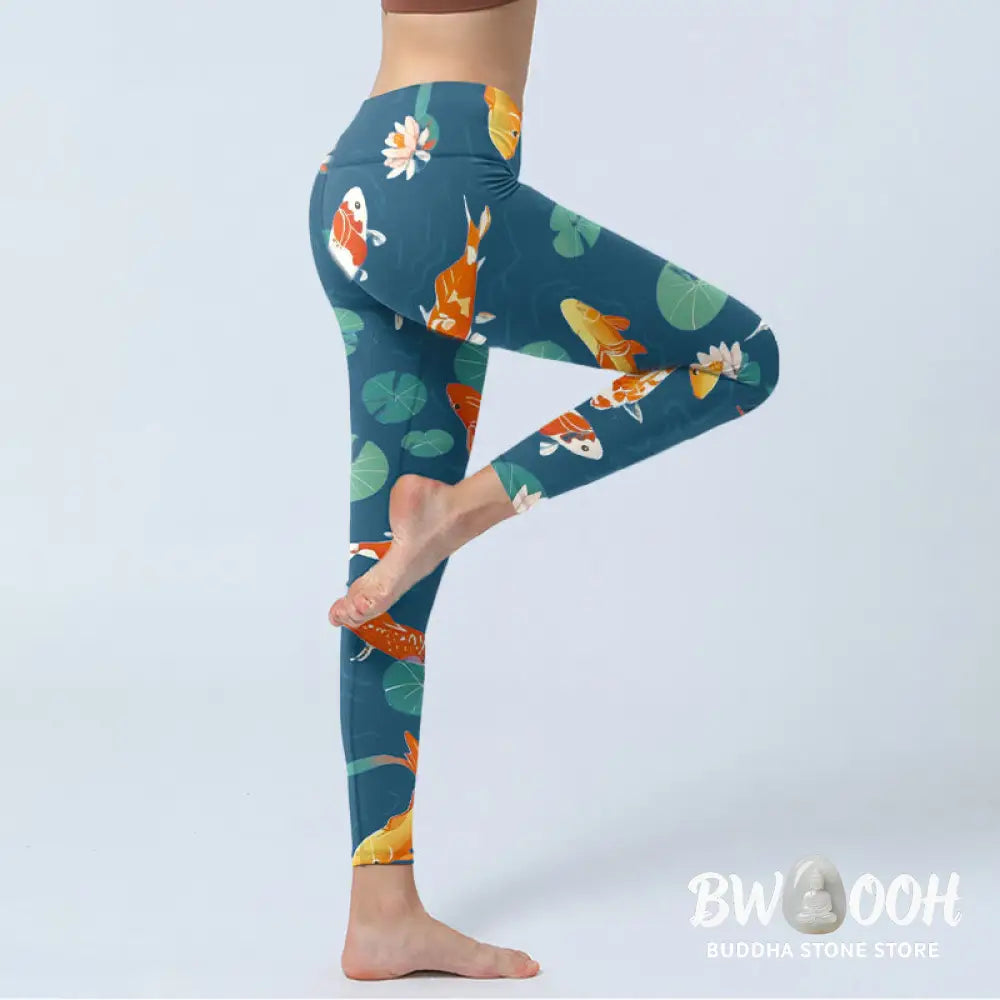 BWOOOH lotus print yoga leggings - Koi Fish Lotus Flower Lotus Leaves Patte