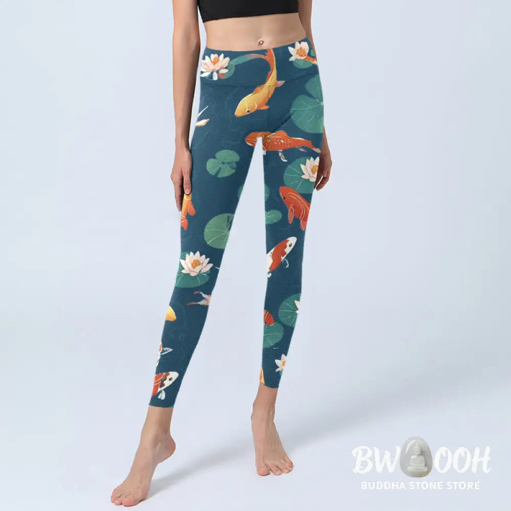 BWOOOH lotus print yoga leggings - Koi Fish Lotus Flower Lotus Leaves Patte