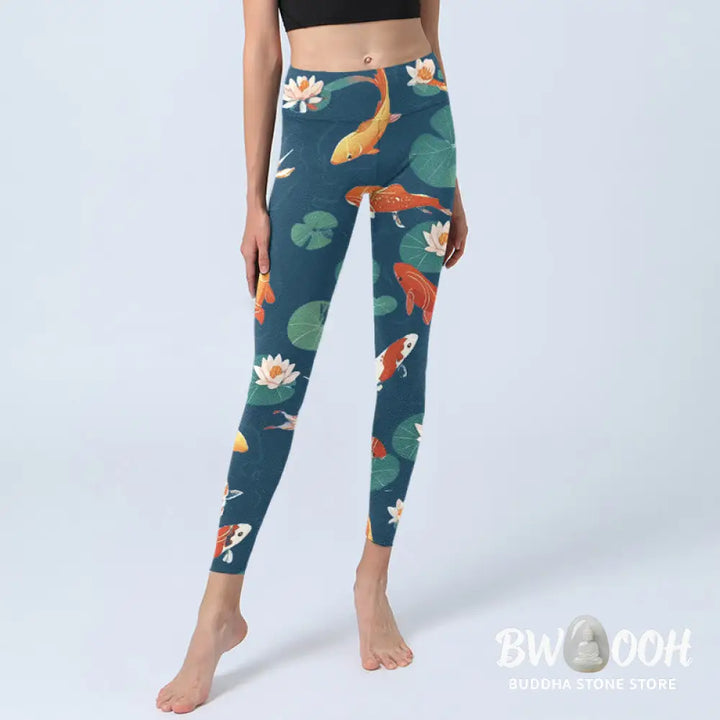 BWOOOH lotus print yoga leggings - Koi Fish Lotus Flower Lotus Leaves Patte