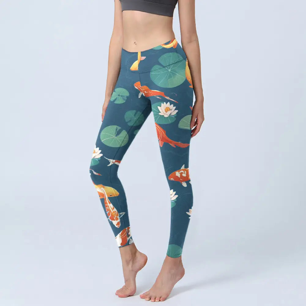 BWOOOH lotus print yoga leggings - Koi Fish Lotus Flower Lotus Leaves Patte